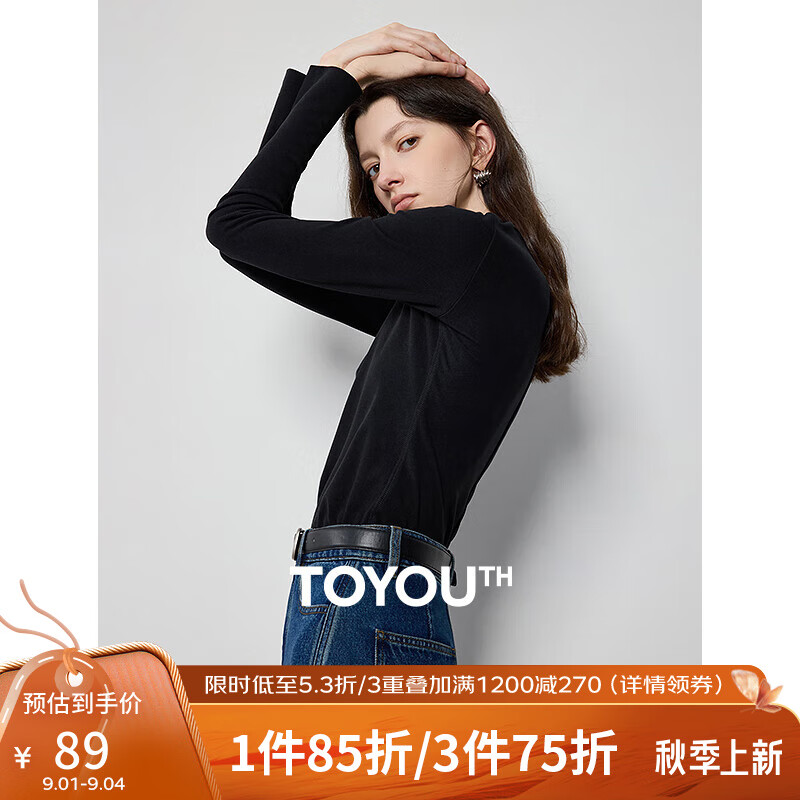 TOYOUTH 初语 德绒t恤女2024年秋冬高领打底衫长袖修身轻暖上衣 黑色 S 72.31元