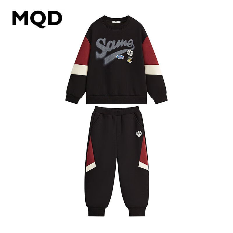 MQD 马骑顿 童装男大童24春学院风运动撞色休闲圆领套装 黑色 130cm 319元