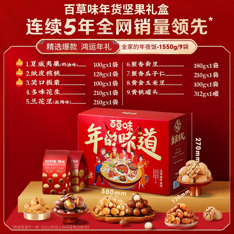 becheery百草味年货大礼包坚果礼盒1550g9袋49元需买3件共147元双重