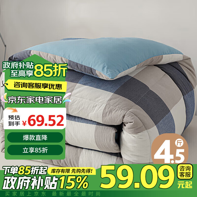 AVIVI 艾薇 亲肤纤维被 冬季被子 4.5斤 150*200cm 蓝大格 66.52元