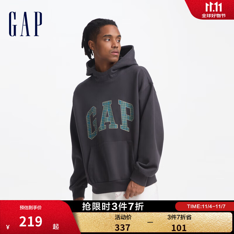 Gap 盖璞 男女装2024秋季碳素软磨抓绒格纹logo连帽卫衣上衣609221 灰色 165/88A(S)