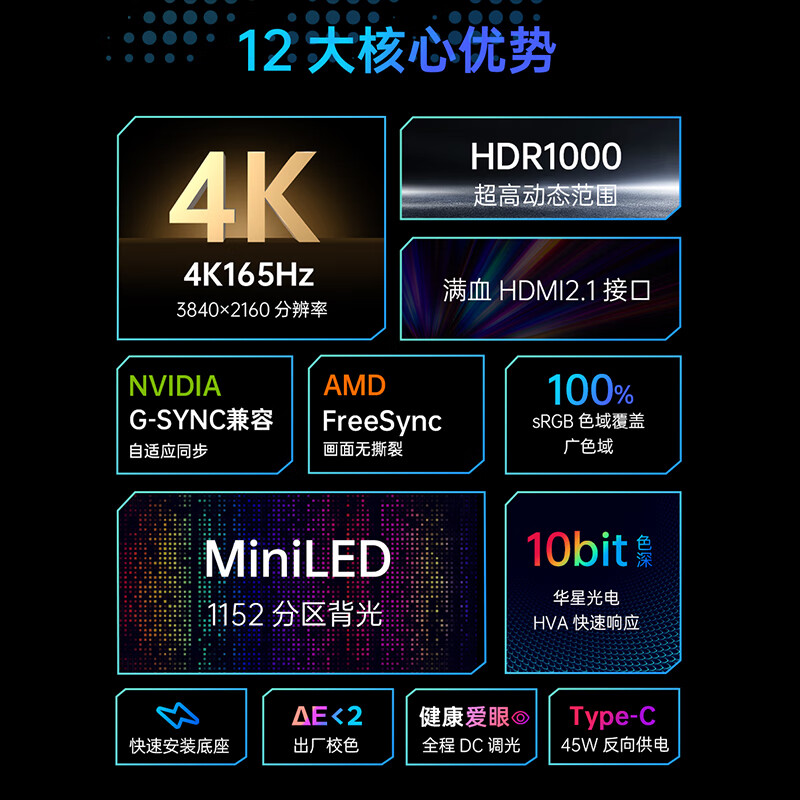 KTC M32P10S 31.5英寸 HVA G-sync FreeSync 显示器（3840×2160、165Hz、100%sRGB、HDR1000、Typ