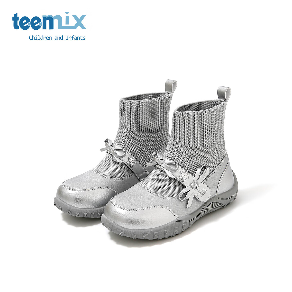 天美意 蝴蝶结公主靴女童百搭中大童袜靴 银色 37 119元（需用券）