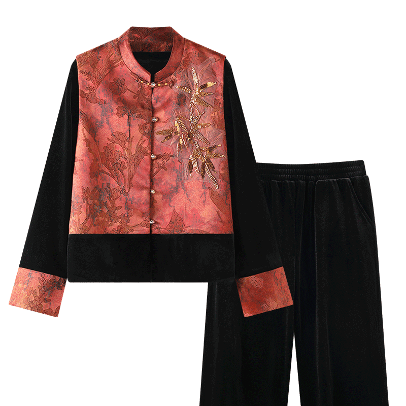 超V：福玛玛 牛莉推荐 重工刺绣上衣+休闲裤+马夹金丝绒三件套 妈妈装套装 