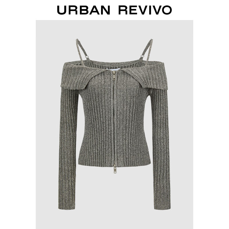 URBAN REVIVO UR2024秋季女装潮流氛围感修身露肩长袖针织衫UWV940096 浅灰花灰 XL 2