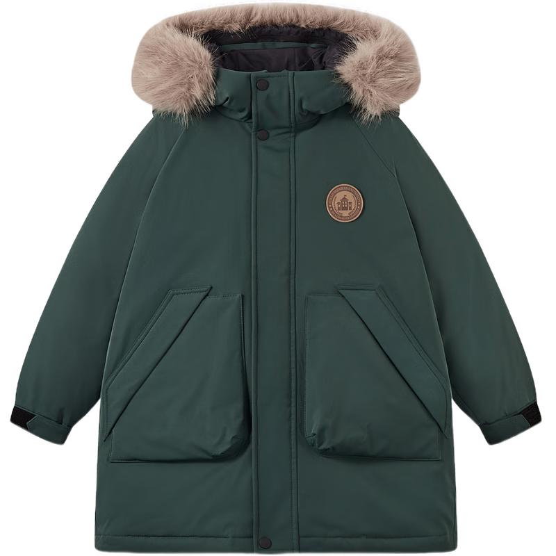 马骑顿 男童25冬学院风连帽带毛领中长款大口袋羽绒服 苔藓绿 140 289元