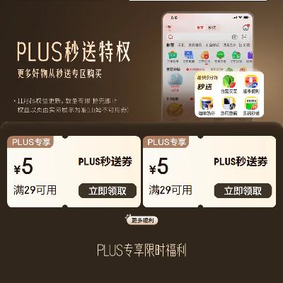 促销活动、PLUS会员：京东双11 秒送特权 满29减5元 超市全品类券 有需领取使