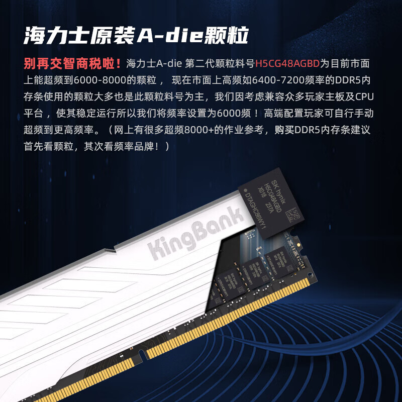 KINGBANK 金百达 64GB(32GBX2)套装 DDR5 6400 台式机内存条海力士A-die颗粒银爵系列 C