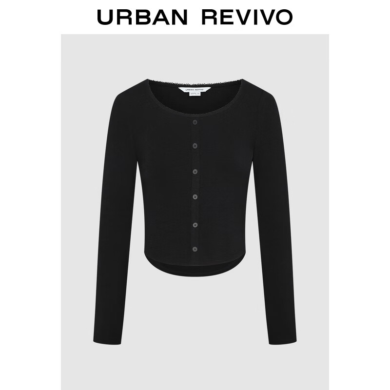 URBAN REVIVO UR2024秋季女装气质减龄花边修身套头长袖T恤UYV440079 黑色 S 139元（