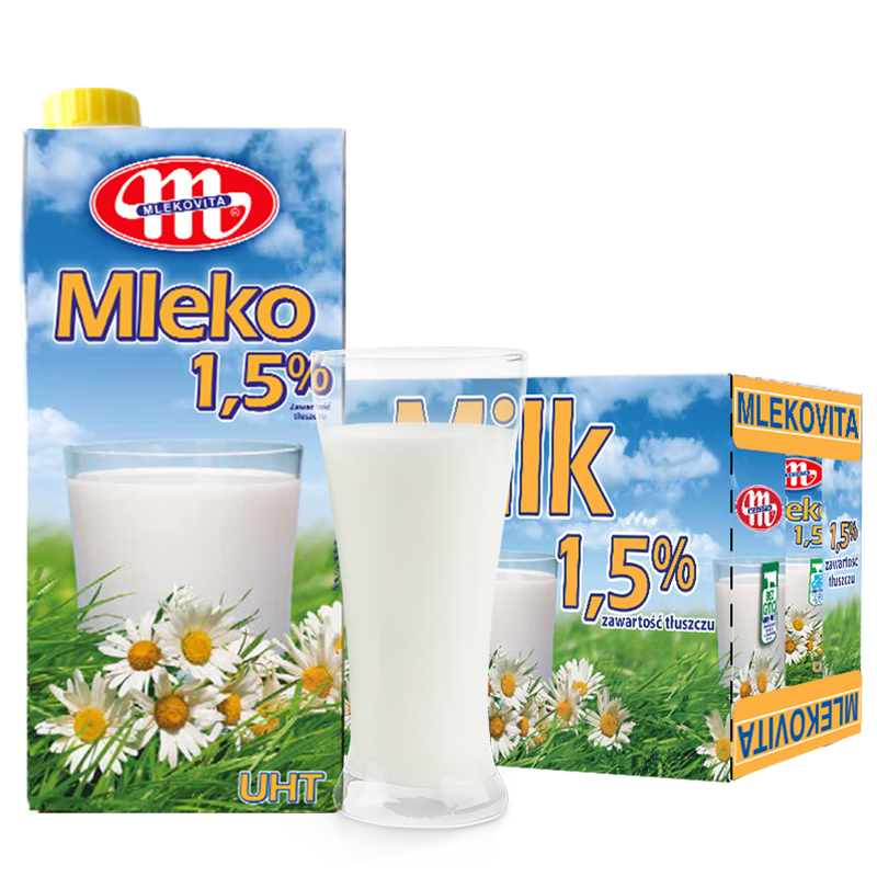 plus会员：妙可（Mlekovita）波兰原装进口 田园系列 低脂纯牛奶 1L*12盒整箱装 