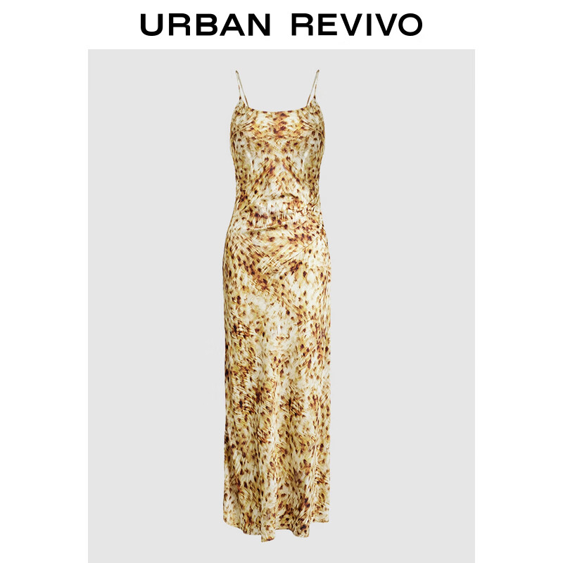 URBAN REVIVO UR2024秋季女装复古豹纹印花褶皱吊带连衣裙UWJ740074 卡其棕 M 319元