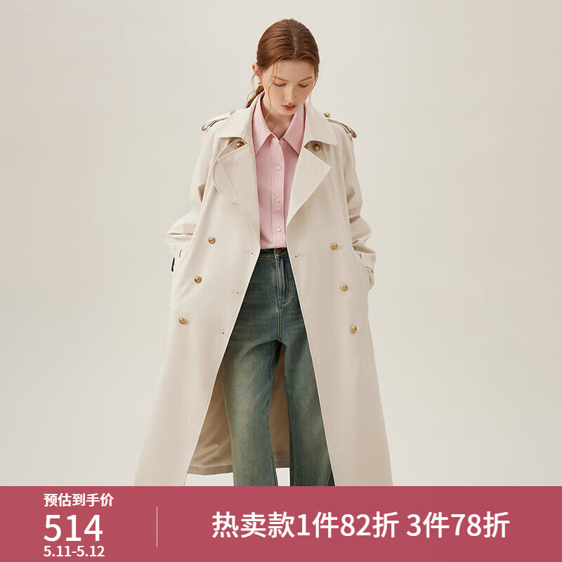 范思蓝恩 米白色韩版风衣外套女春中长款英伦小个子显高24FS11092 米色 S 659