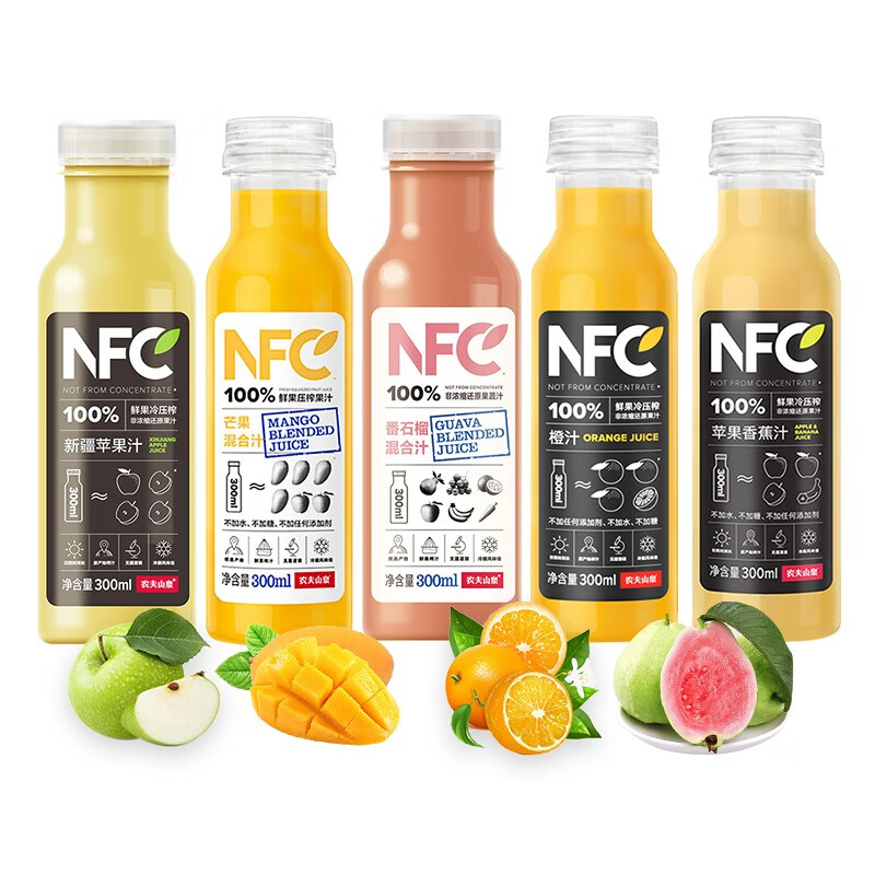 plus会员：农夫山泉 NFC果汁饮料 100﹪鲜果冷压榨果蔬汁 4月产 随机混合300ml*4
