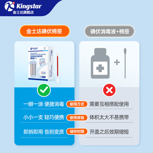 Kingstar 金士达 医用碘伏消毒棉棒 医用独立装便携消毒【50支】