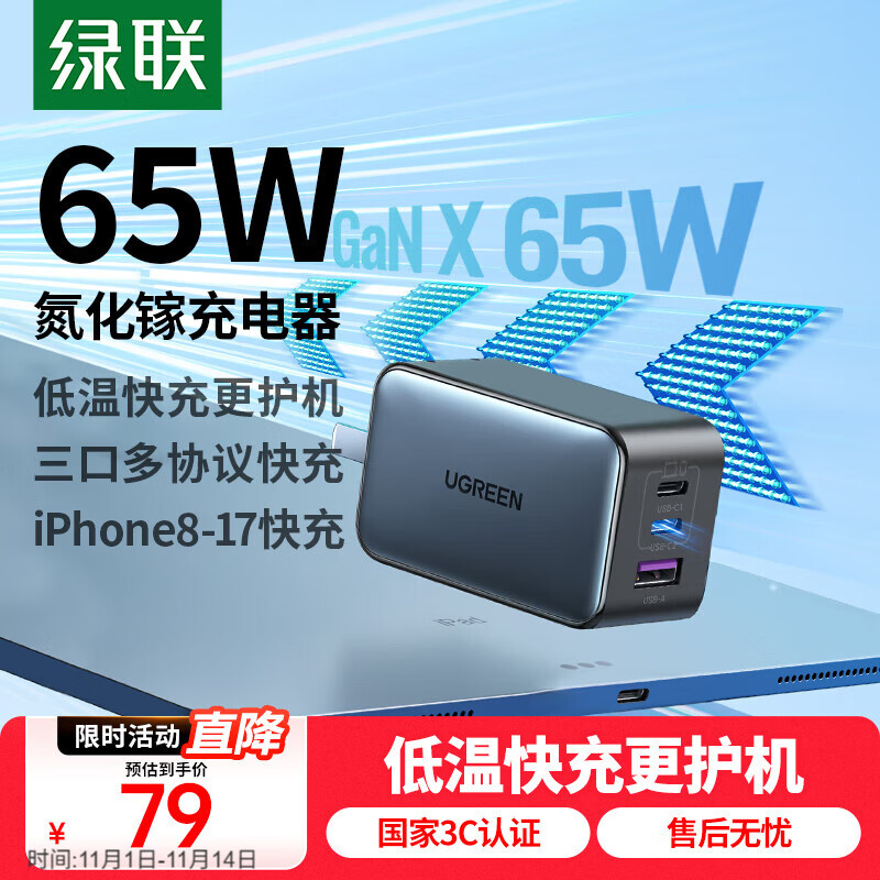 绿联 CD244 氮化镓充电器 双Type-C/USB-A 65W 黑色 67.5元