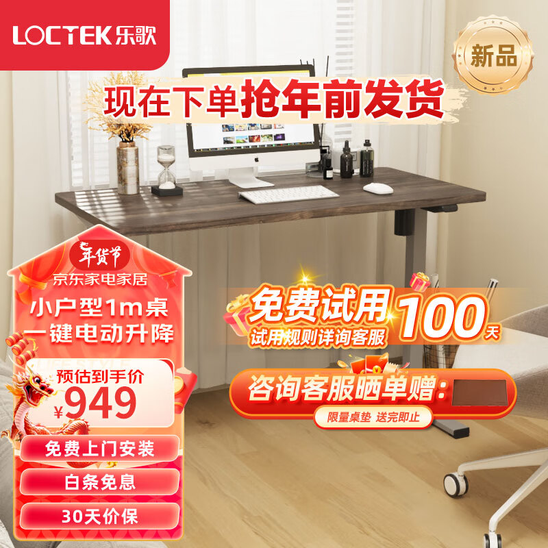 Loctek 乐歌 电动升降桌电脑桌站立办公家用书桌 E2--Lite/1m灰胡桃木色套装 性