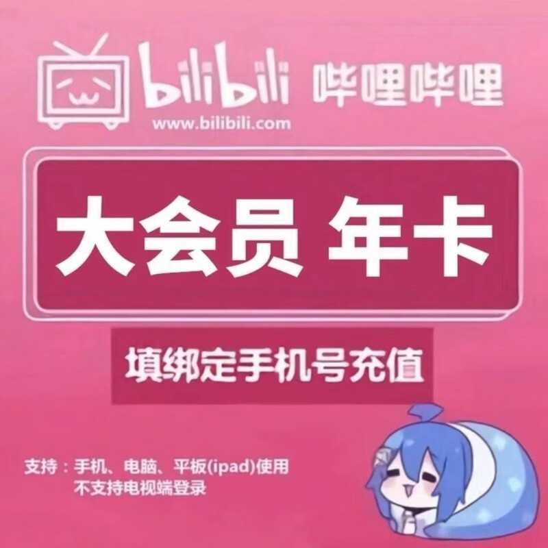 bilibili 哔哩哔哩 大会员12个月B站12个月bilibili年卡 哔哩哔哩年卡 哔哩哔哩年