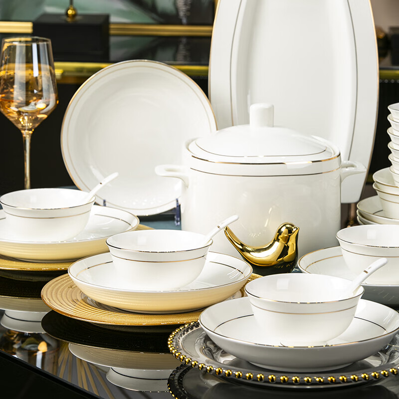尚行知是 碗碟套装餐具套装家用盘子碗餐具 欧式简约碗盘陶瓷器 金色浪漫