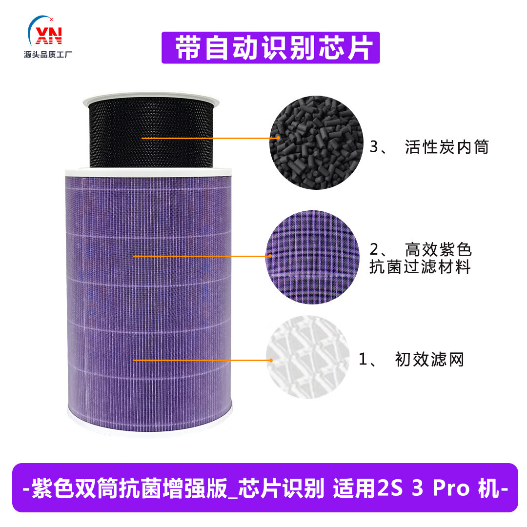 XN 适配小米空气净化器通用滤芯除甲醛烟味PM2.5紫色抗菌涂层版 紫色双筒抗