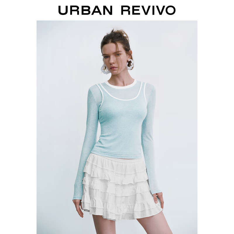 URBAN REVIVO UR2024秋季女装休闲风假两件撞色修身长袖T恤UYU440021 粉蓝 L 159元（