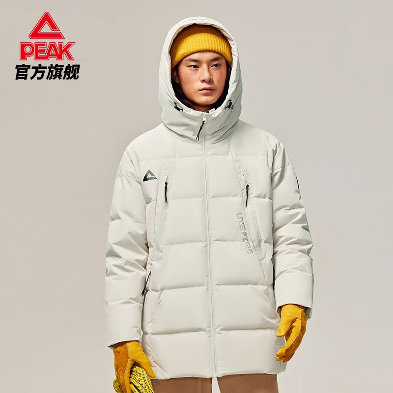 PEAK 匹克 中长厚羽绒服男2023保暖加厚防风鸭绒连帽外套 白浅卡其 L/175 299元