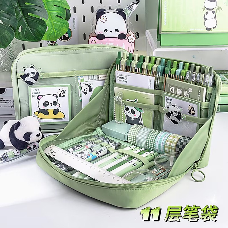 小槑同学 12层熊猫绿色笔袋 2023年新款超大容量文具盒女孩版初中生专用高