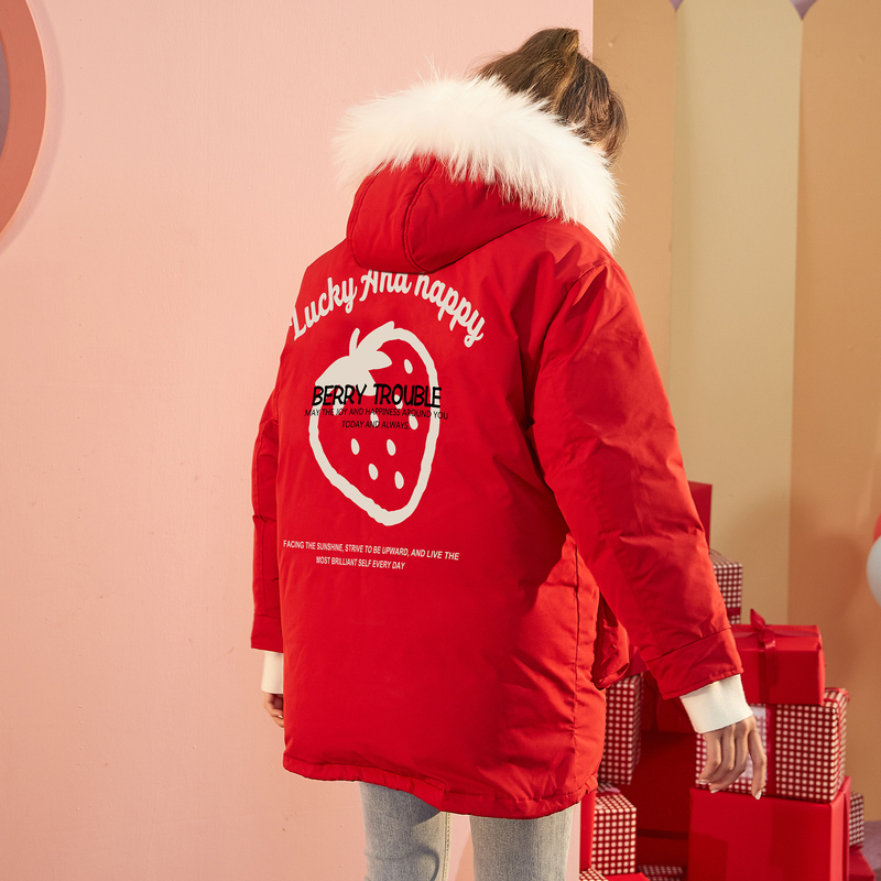 TONLION 唐狮 冬季新款羽绒服时尚大毛领草莓派克中长款连帽羽绒服 97.87元（