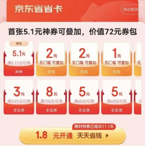 即享好券、限用户：京东省省卡 1.8元开通 赠5.1元神券可叠加 一单回本！