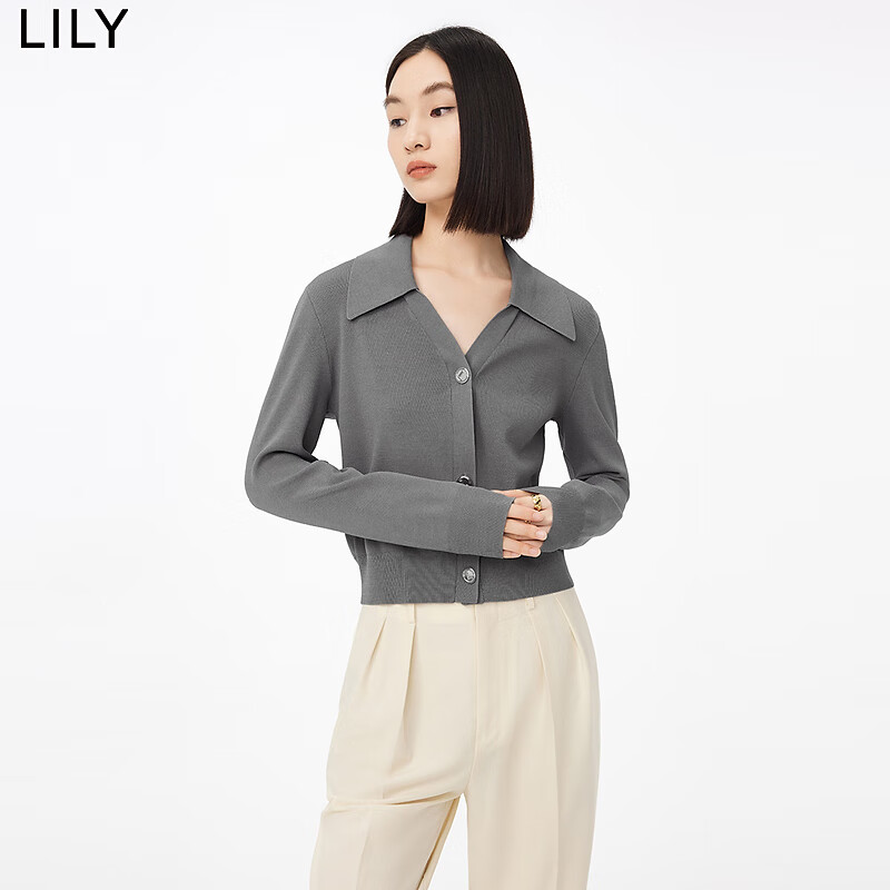 LILY 秋女装时尚纯色优雅气质通勤都市针织开衫外搭上衣女 506中灰 S 156.8元