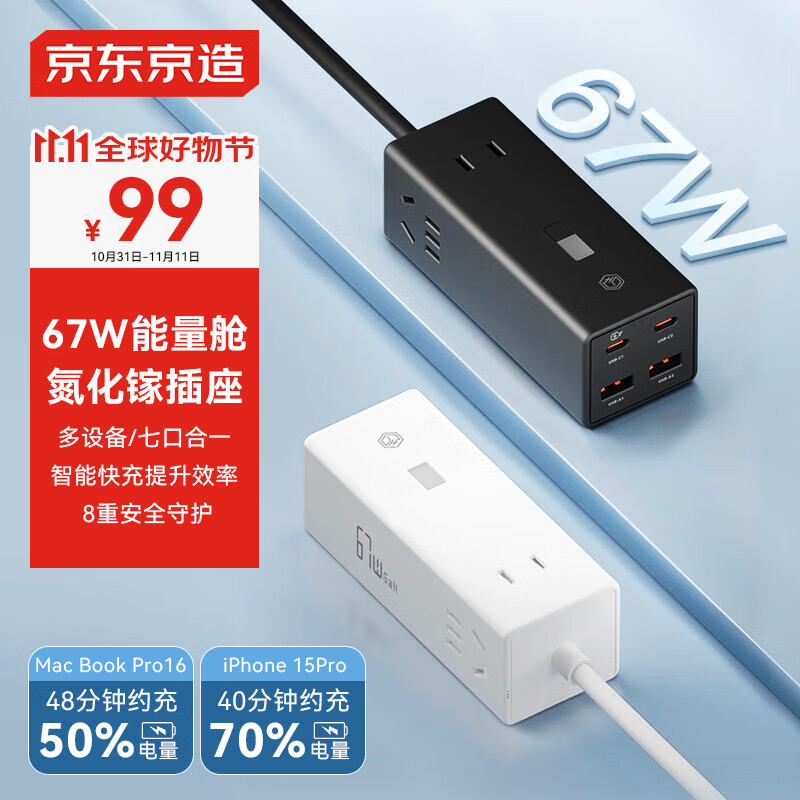 京东京造 XD-N112U 氮化镓插座 67W 2C2A+3孔 白色 99元（需用券）