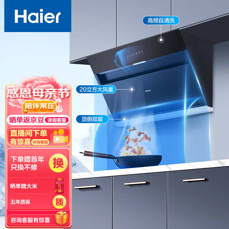 Haier 海尔 抽油烟机 顶侧双吸厨房吸烟机 20m³/min大吸力 C6JS 1069元（需用券）