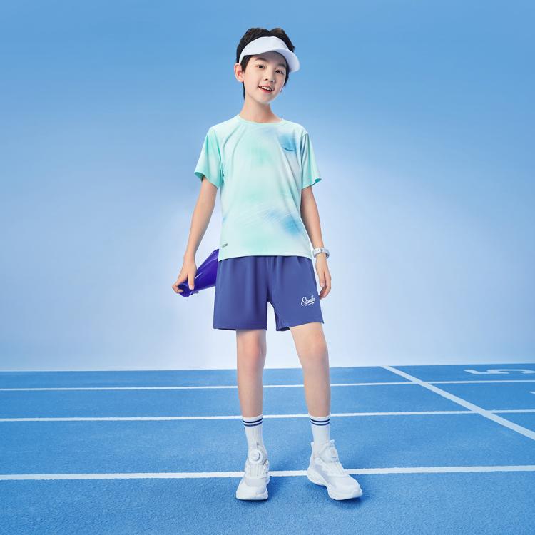 鸿星尔克 吸湿速干 儿童圆领满印拼接男女童T恤中大童舒适透气短袖上衣 49