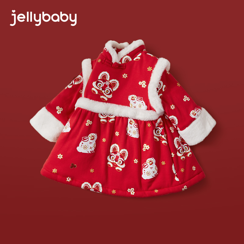 杰里贝比 唐装女童冬季3岁儿童红色过年裙子拜年服冬装衣服5宝宝新年汉服