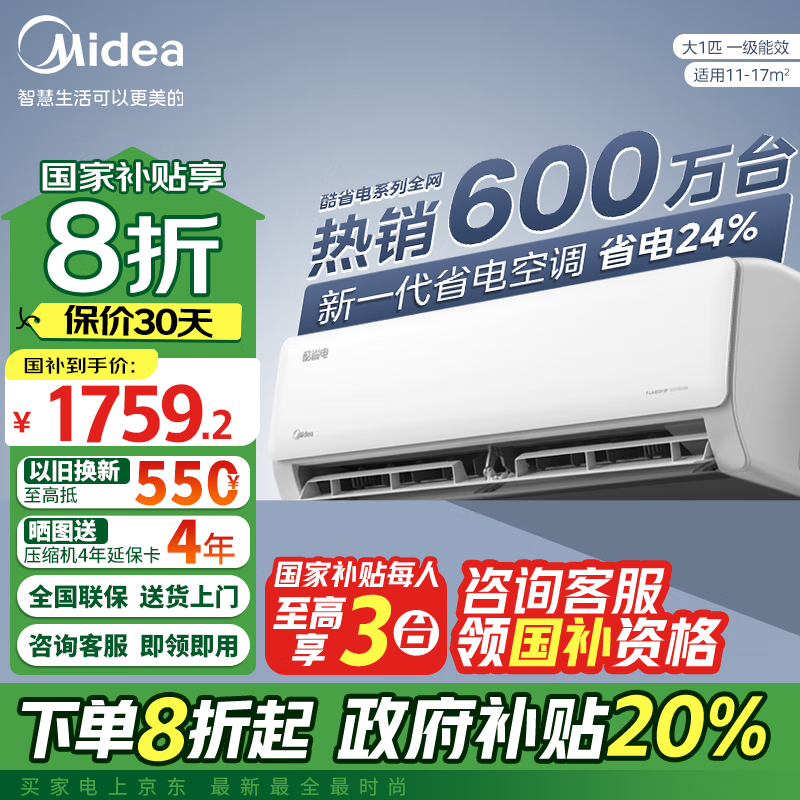 美的 酷省电 KFR-26GW/N8KS1-1P 新一级能效 壁挂式空调 大1匹 ￥1679.2