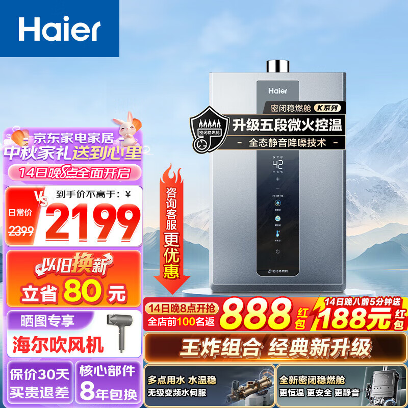 Haier 海尔 燃气热水器16升天然气增压变频水伺服一级静音密闭稳燃舱好梦系