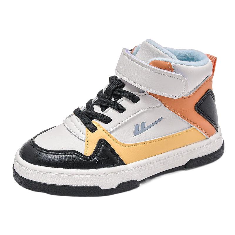 WARRIOR 回力 童鞋儿童小白鞋冬女童高帮板鞋加绒保暖男童运动鞋 米橙黑（加