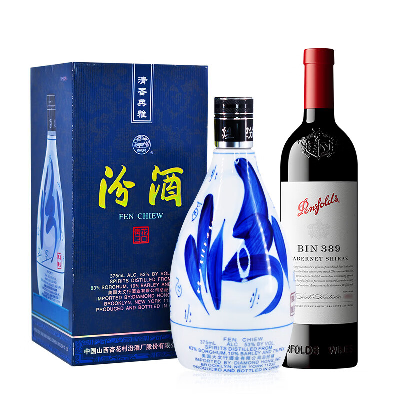 京东百亿补贴：汾酒 青花30 53度 375ml+奔富 BIN389 750ml “有事请汾富”组合 859