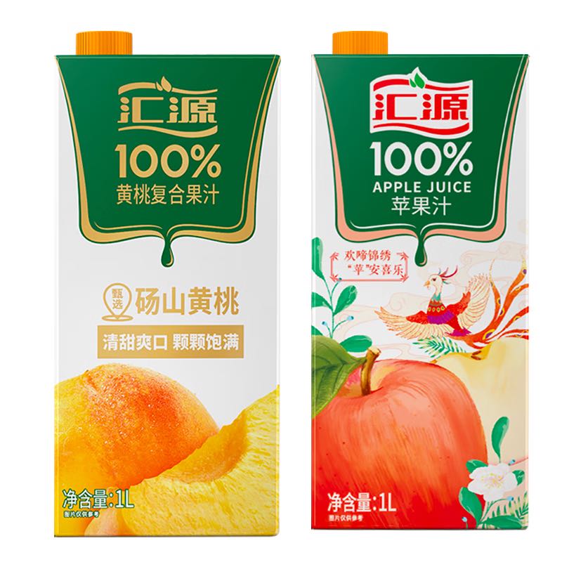汇源 100%果汁 1L*2盒 黄桃+苹果汁 11.9元包邮（需用券）