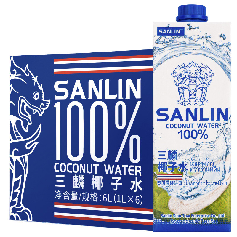 SANLIN 三麟 100%椰子水 富含天然电解质 泰国进口NFC椰青果汁1L*6瓶 整箱 67.62元