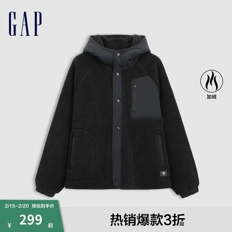 Gap 男装2024秋冬新款仿羊羔绒拼接多口袋连帽外套保暖夹克678560 黑色 175/96A(L