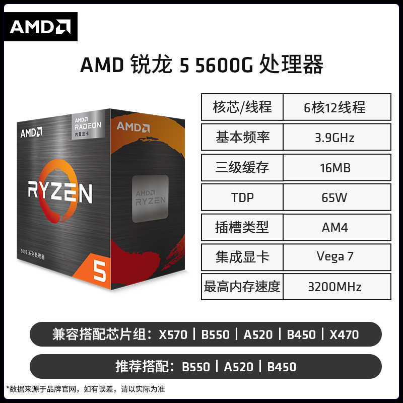 AMD 锐龙R5-5600G CPU 3.9GHz 6核12线程 798.99元（需用券）