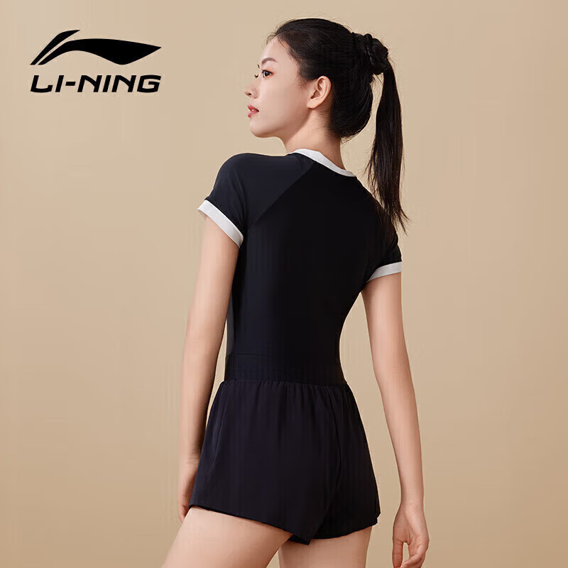 LI-NING 李宁 泳衣女连体平角泡温泉二合一游泳衣女士时尚大码泳装4611黑色L 7