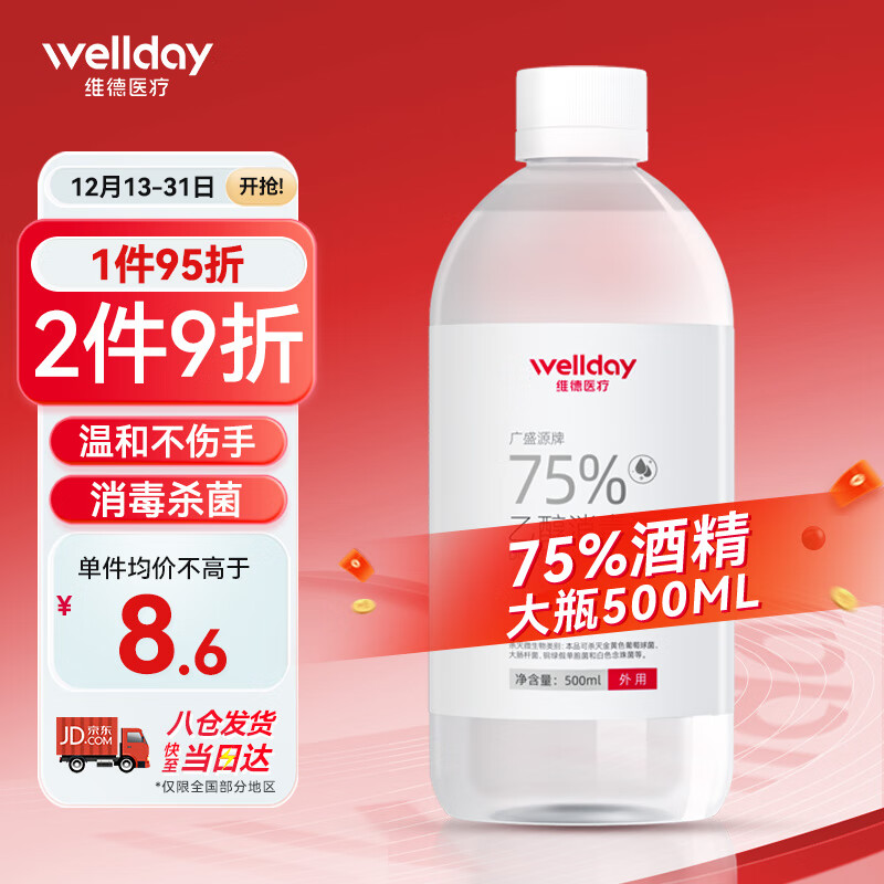 WELLDAY 维德 75%酒精消毒液医用乙醇消毒液 卫生清洁杀菌便携500ml ￥15.01