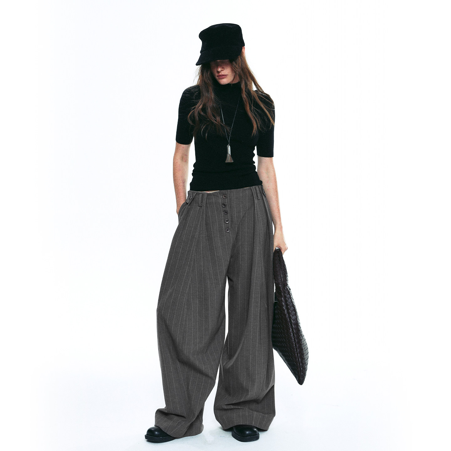 移动端：SINGLE MOMENT 25AW百搭直筒宽松阔腿条纹休闲剑道裤休闲裤女长裤 519元