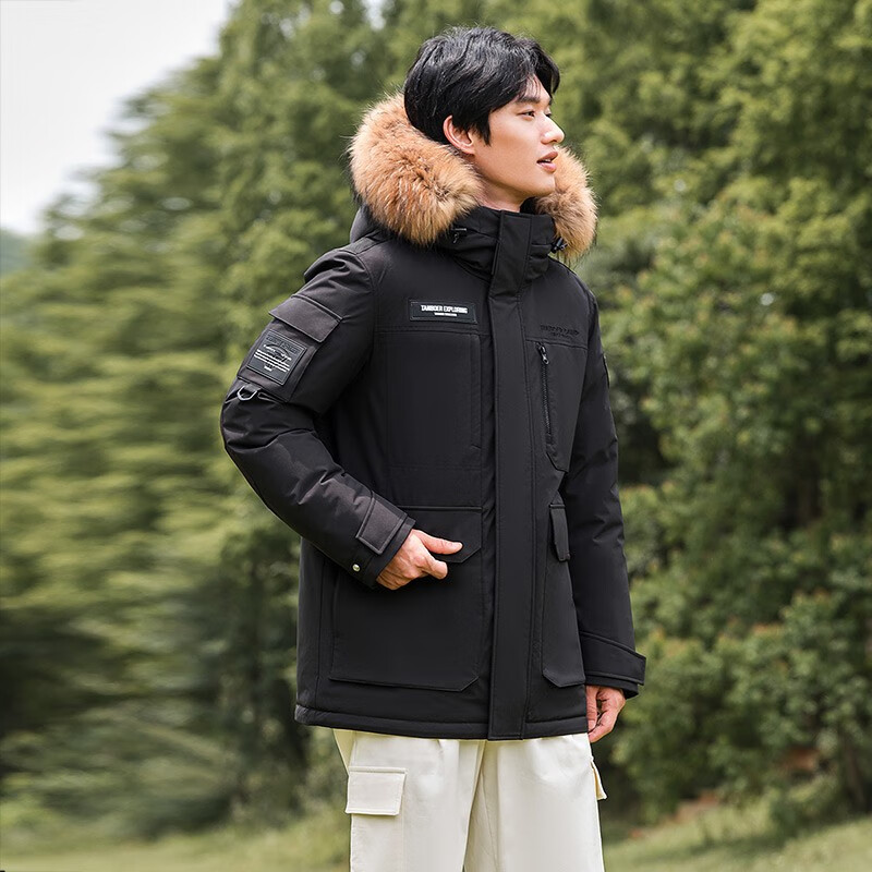 坦博尔 款羽绒服男女 貉子毛领连帽工装御寒外套TF236579 黑色 750.8元