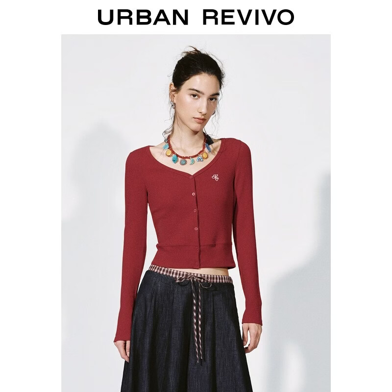 UR UR2026春季女装休闲格雷系刺绣修身短款T恤UYY460010 朱红 L 139元