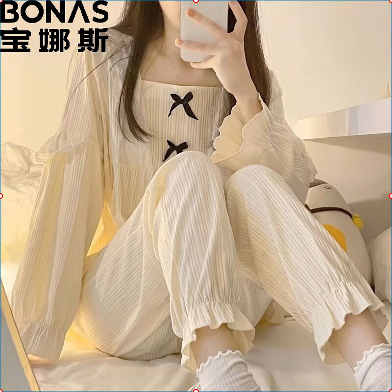 BONAS 宝娜斯 女士蝴蝶结长袖睡衣 休闲家居服套装 39.6元（需用券）