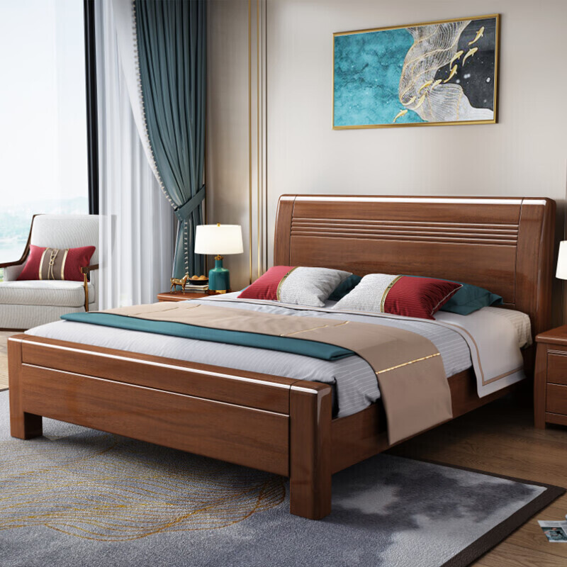 优卡吉胡桃木实木床18米双人床现代简约北欧床15米主卧轻奢家用床yj