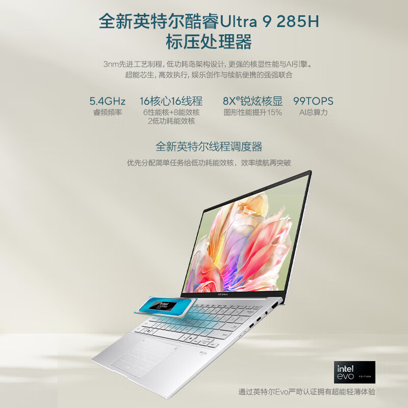 华硕 ASUS 灵耀14 Ultra9-285H 32G 1T 2.8K 120Hz+双肩包 5933.2元