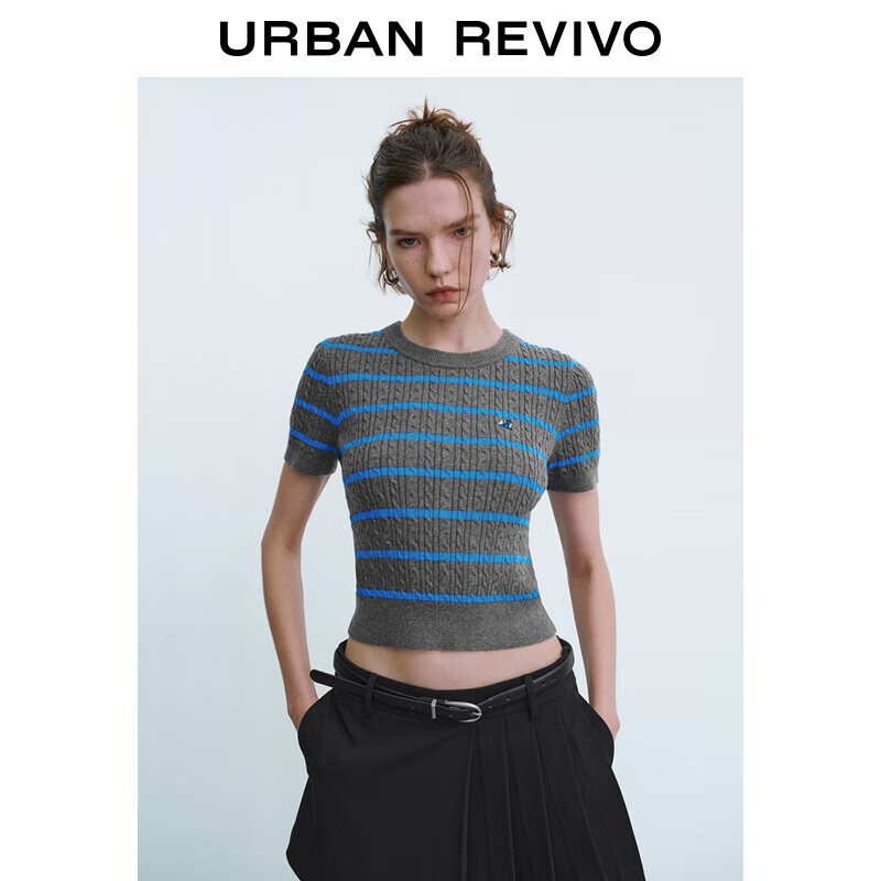 URBAN REVIVO UR2024秋季新款女装经典学院风刺绣条纹短袖针织衫UYY940013 179元（